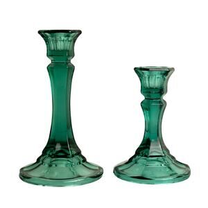 Vintage MCM Indiana Glass Co. Emerald Green Candle Holders - Lot of 2